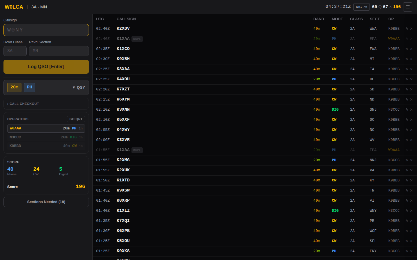 The logging screen: entry form and QSY drawer down the left with a folded call checkout, the operators list and the score; the Rig button, score and menu in the header; the QSO log filling the rest