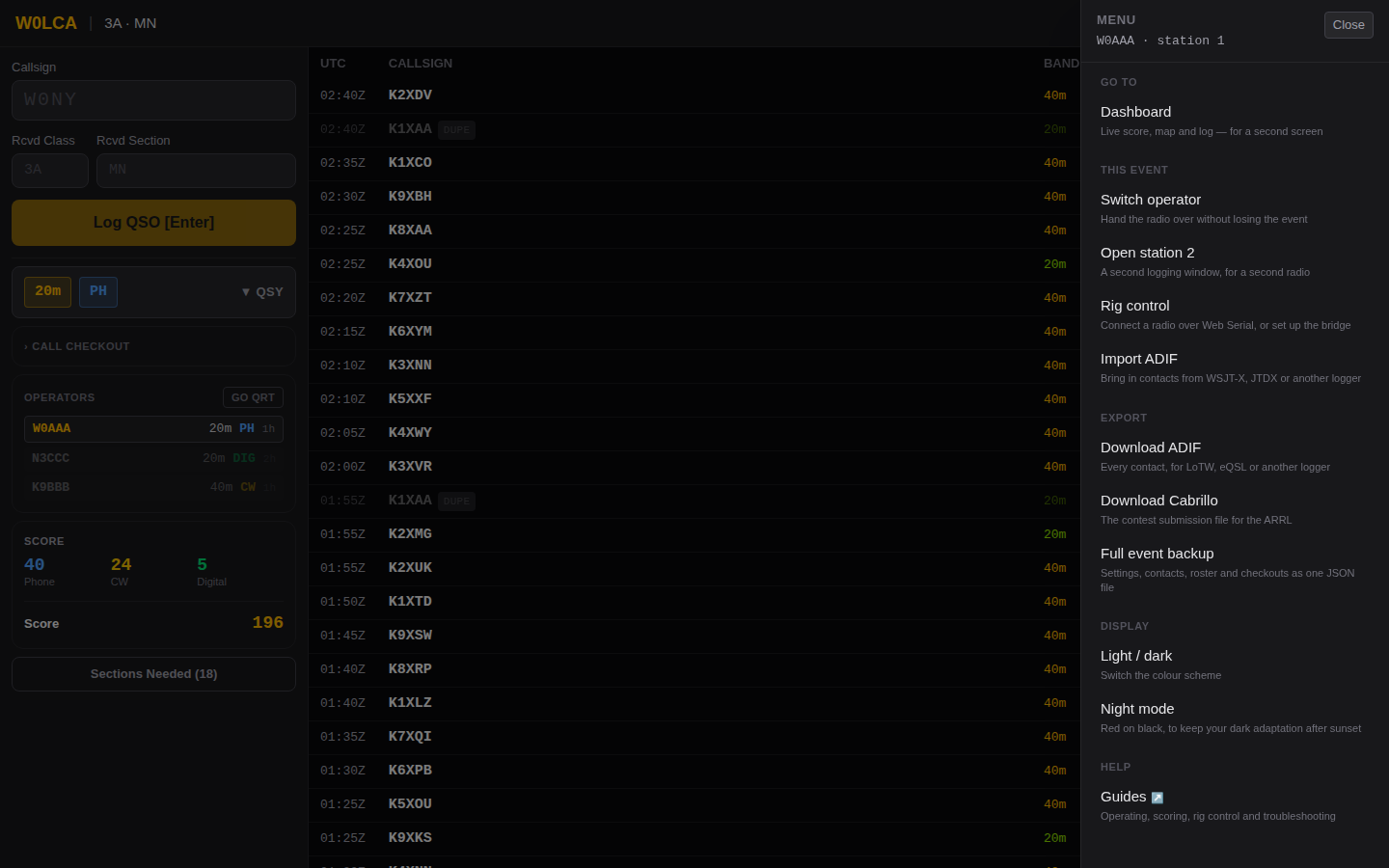 The menu open over the logging screen, with entries grouped under Go to, This event, Export, Display and Help, each with a line explaining what it does